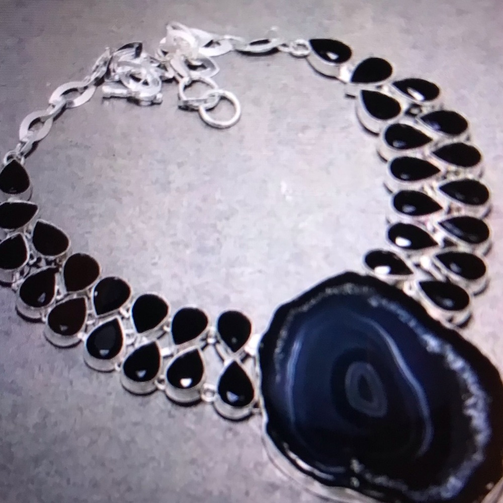 Botswana Agate Black Onyx Stamped 925 Sterling Silver Necklace